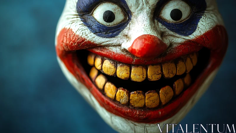 Grotesque clown mask grins eerily against deep teal backdrop