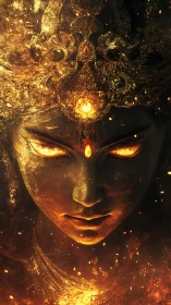 Fiery goddess portrait with molten gold crown and gaze.