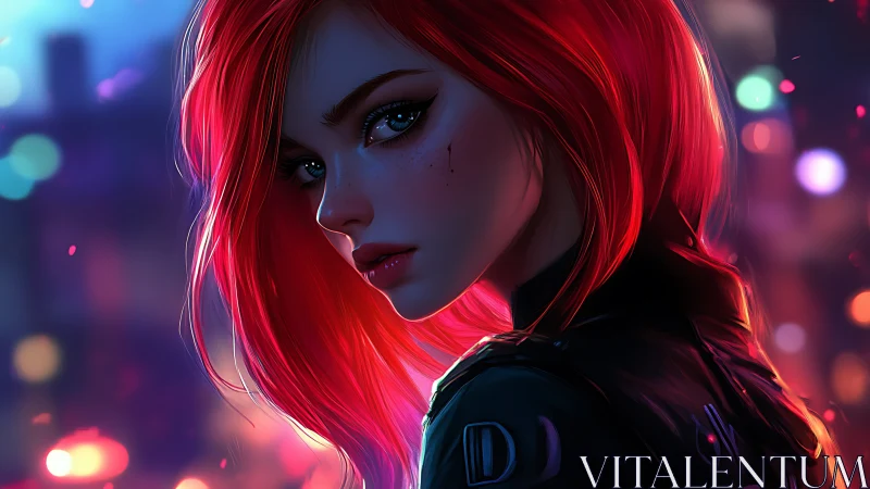Mysterious red haired heroine glows in neon city night.
