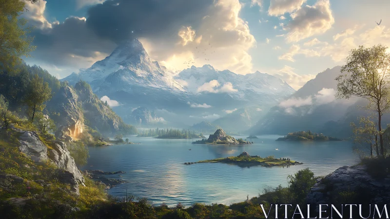 Mountain lake landscape with islands and distant peaks.