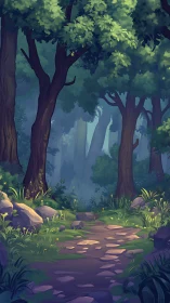 Misty Forest Path Through Ancient Trees.