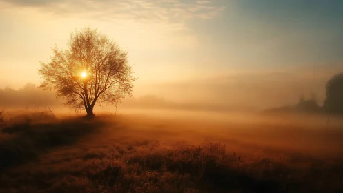 Gentle sunrise glows through a lone tree over misty fields