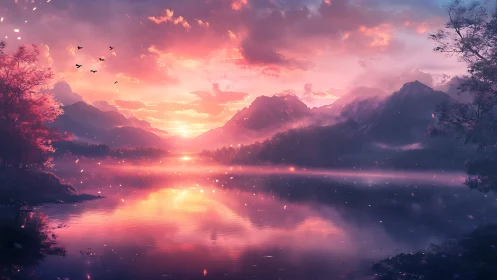 Twilight mountains sip molten sky from a dreaming lake