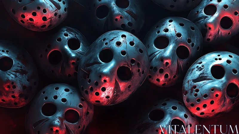 Clustered slasher goalie masks in dramatic red blue lighting