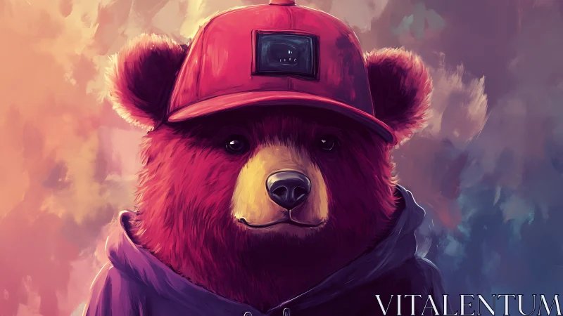 Digital painting portrait of hoodie bear in red streetwear cap.