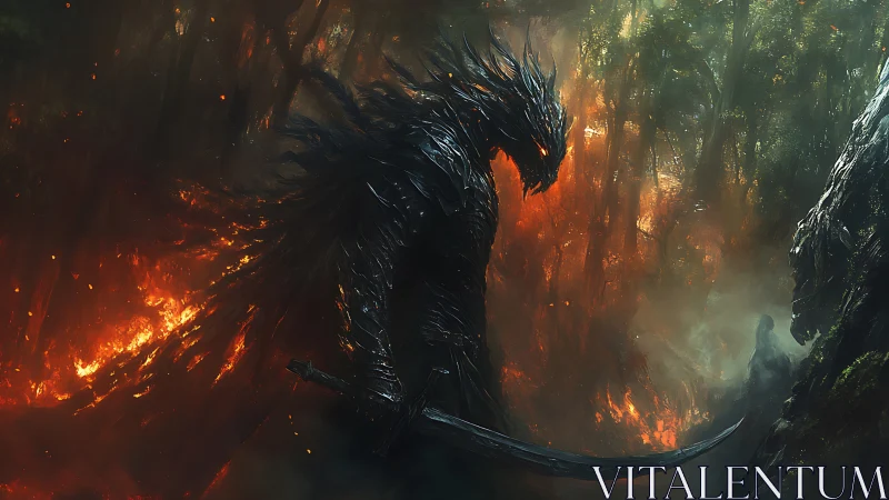 Armored shadow wraith advances through flaming forest battlefield