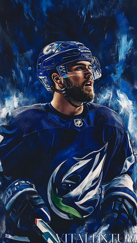 Digital painting portrait of ice hockey player in blue kit.