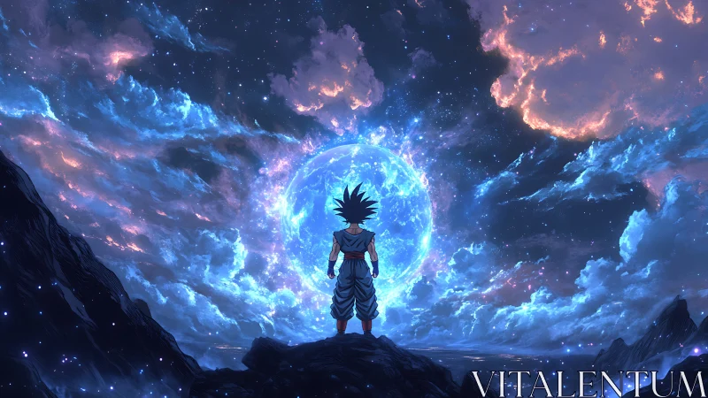 Starry warrior gazing into a glowing cosmic horizon.