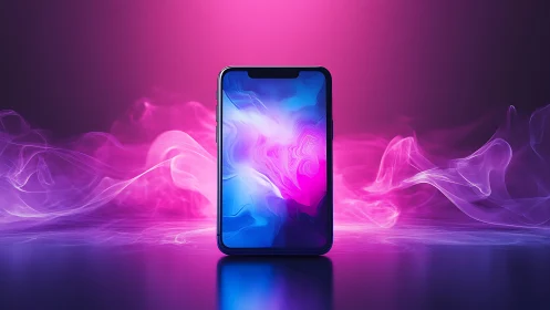 Smartphone stands upright amid controlled neon vapor effects