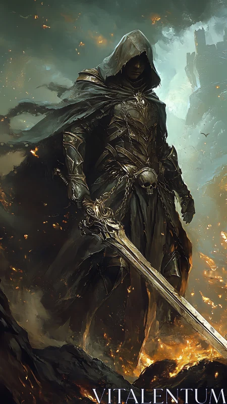 Hooded duskblade strides through embers of a fallen realm.