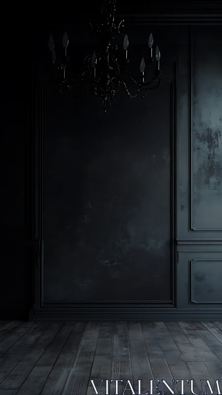 Low-key dark interior with ornate chandelier and paneled wall