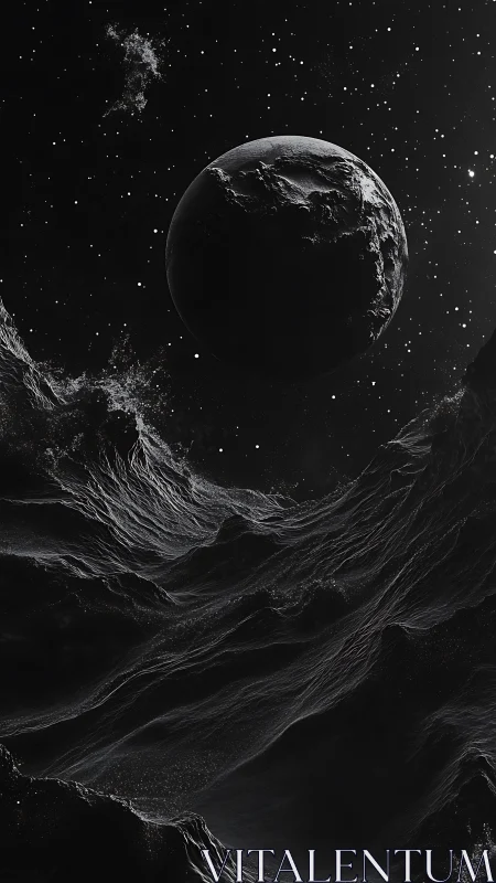 Midnight planet drifting above storm-sculpted cosmic waves.