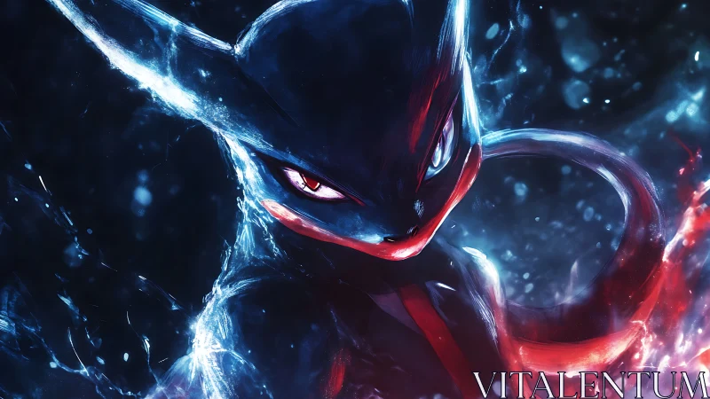 Midnight elemental creature in glowing red and blue surge.