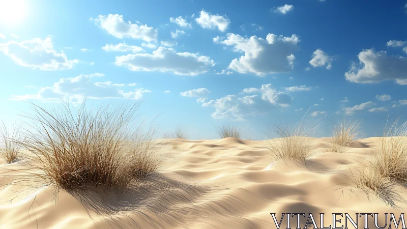 Wind-sculpted desert dunes cradle silver grass under silence.