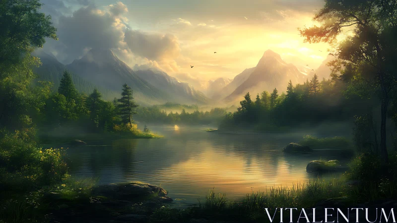 Sunrise drapes a quiet mountain lake in shimmering silence