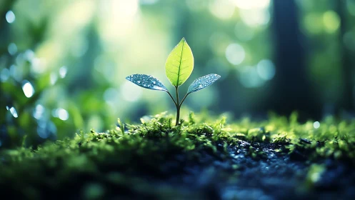 Fresh green sprout emerging in soft morning light, realistic style.