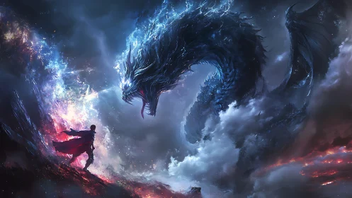 Solitary warrior confronting vast stormborn dragon.