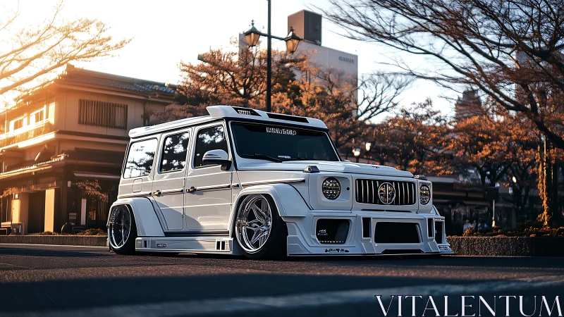 Sunset-slammed urban G-Wagon prowling cherry blossom streets.