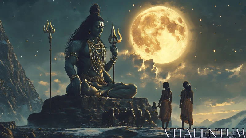 Moon-bathed Shiva colossus blessing pilgrims on mystic peaks.