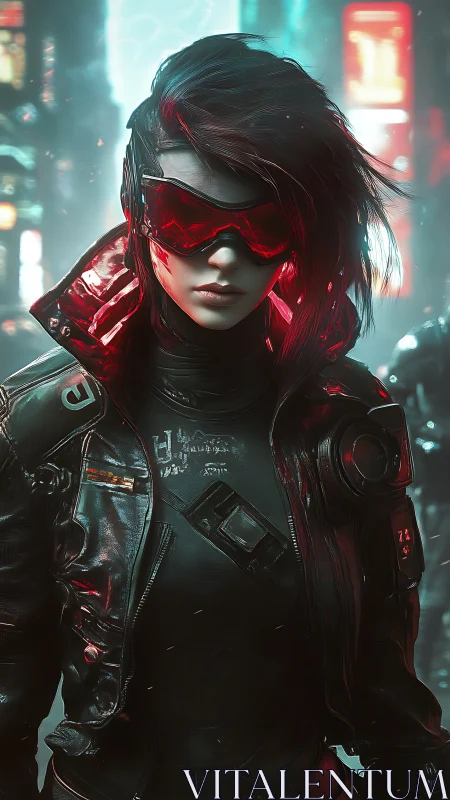 Cyberpunk operative portrait in neon-noir atmospheric framing.