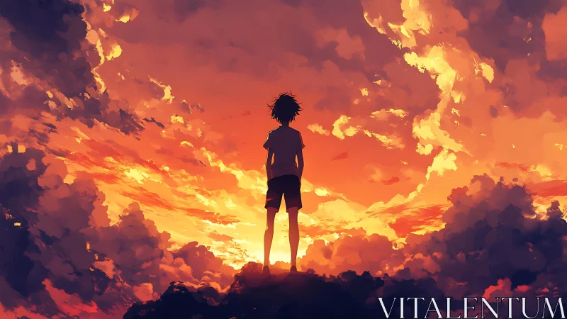 Silhouetted boy contemplates a blazing orange sunset sky