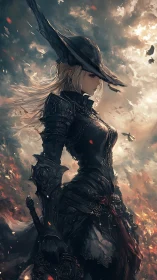 Stormlit witch-knight steadies dusk between burning worlds
