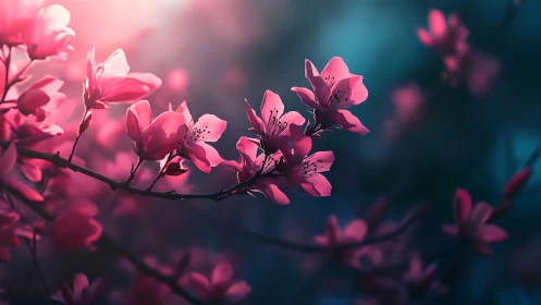 Pink azalea blossoms with shallow depth of field and teal bokeh background
