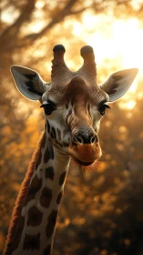 Gentle giraffe glowing softly in golden evening light.