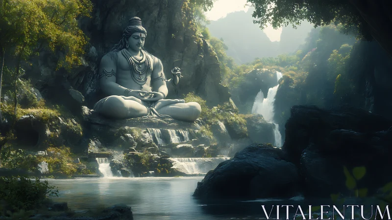 Serene Shiva monument amid misty cascading waterfalls.