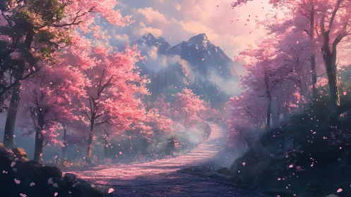 Mountain path through dense pink blossom trees at dawn.