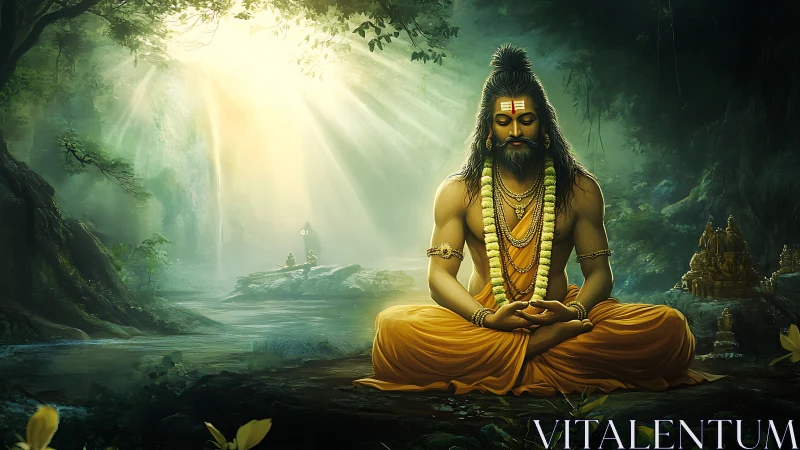 Forest hermit in luminous meditative equilibrium under shafts.