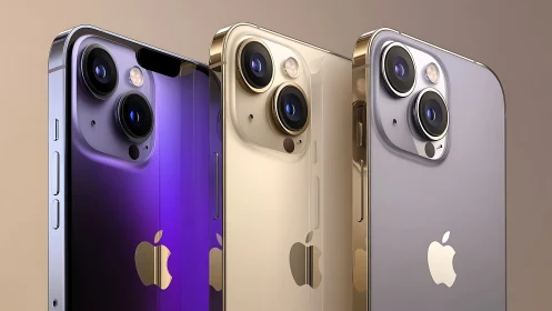 Three iPhone 14 Pro models displayed in purple, gold, and silver finishes.