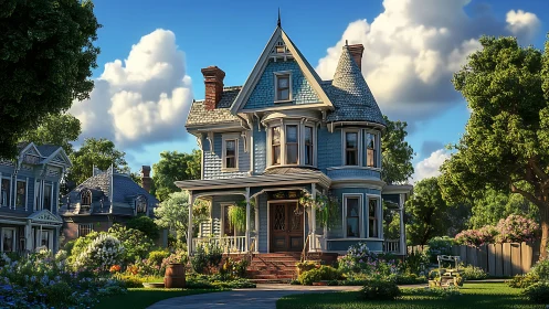 Victorian house rendered with crisp lighting, ornate trim and dense garden landscaping