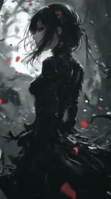 Gothic anime heroine in flowing black dress amid petals.