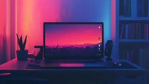 Laptop workstation in neon gradient home office setting.
