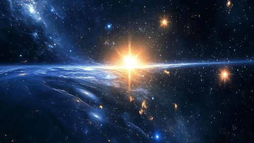 Cosmic sunrise over swirling galactic ocean horizon.