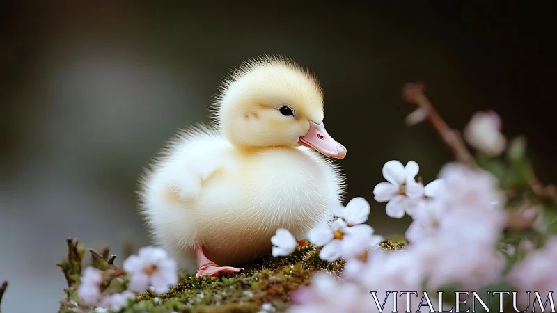 Fluffy duckling on moss with soft pink spring blossoms.