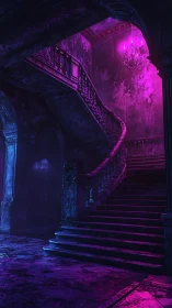 Neon magenta lit baroque staircase in decayed grand foyer