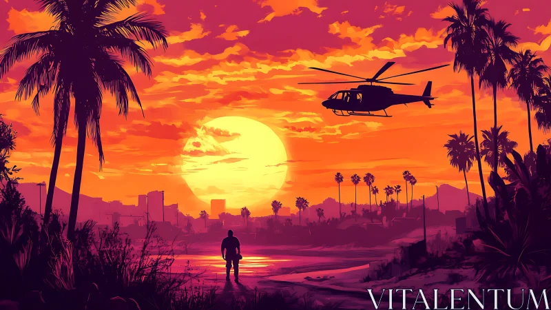 Neon sunset pursuit over palm-lined cyber beachscape.