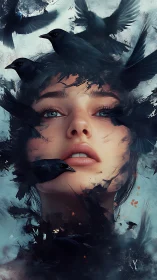 Surreal portrait merges woman face with swirling black crows.