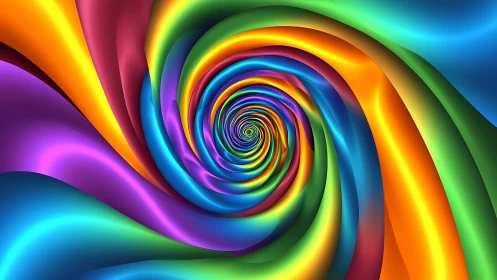 Vibrant rainbow vortex with flowing metallic ribbons.