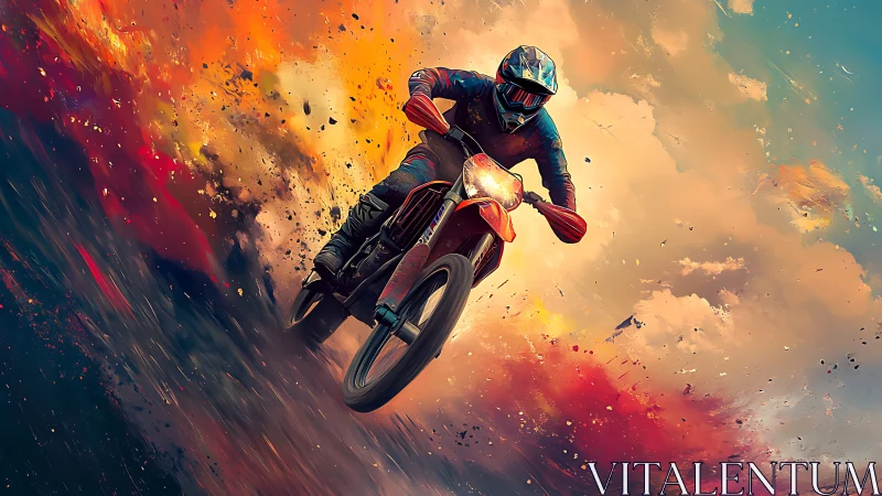 Kinetically charged dirt bike jump through eruptive color field.