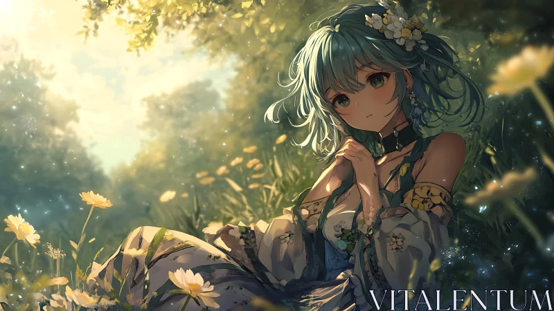 Pastel-haired girl resting in glowing spring meadow light.