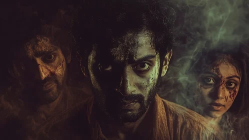 Haunted faces emerge from swirling smoke and deep shadow.