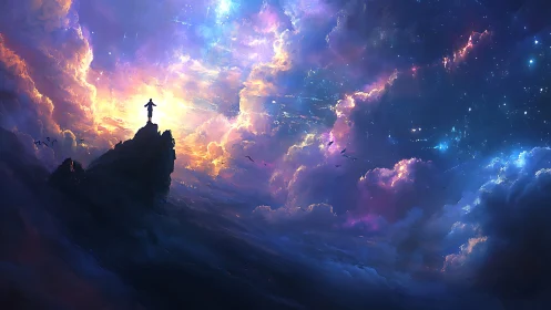 Lone figure on astral cliff under radiant nebula sky.