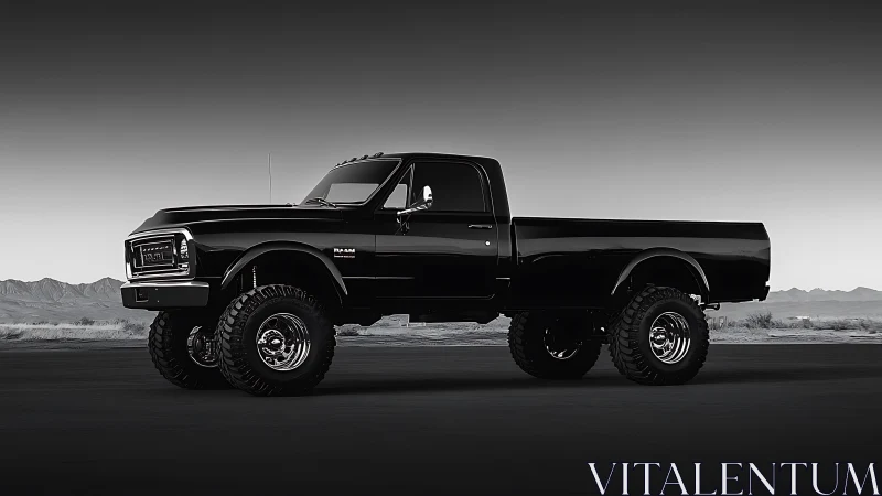 Lifted black pickup truck is parked on flat open roadway