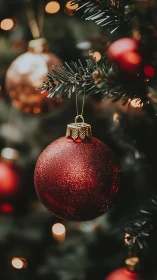 Glowing red Christmas bauble nestled in soft tree lights.