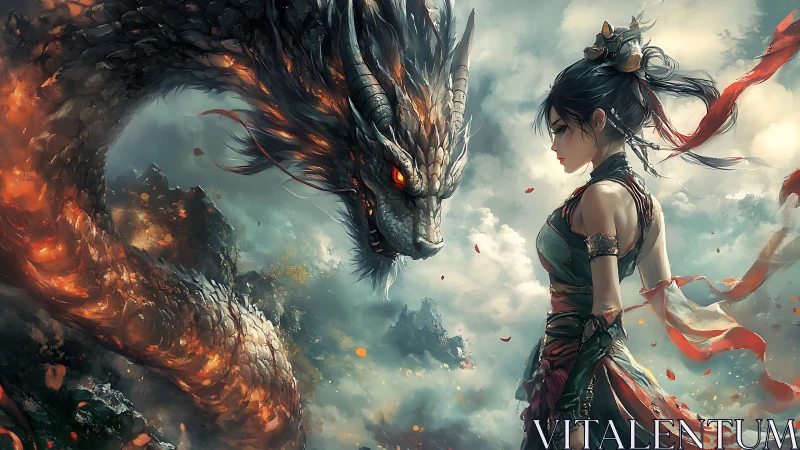 Warrior woman confronts blazing dragon amid storm clouds