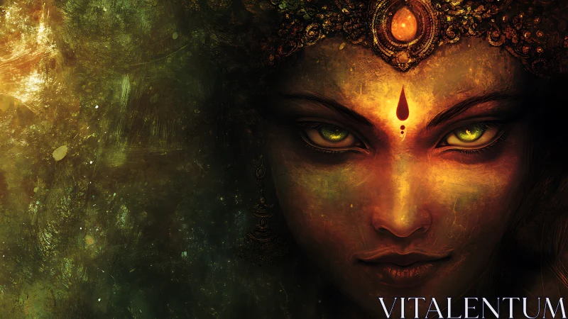 Mystical goddess portrait glows with intense emerald eyes