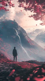 Backlit lone figure surveys misty valley under crimson foliage